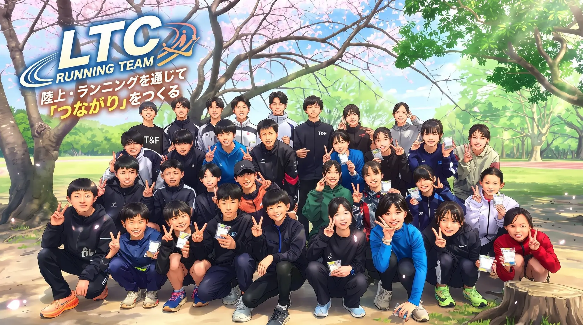 桜の木の下に集まったLTCのメンバーの集合イラスト。「LTC RUNNING TEAM 陸上・ランニングを通じて「つながり」をつくる」の文字入り