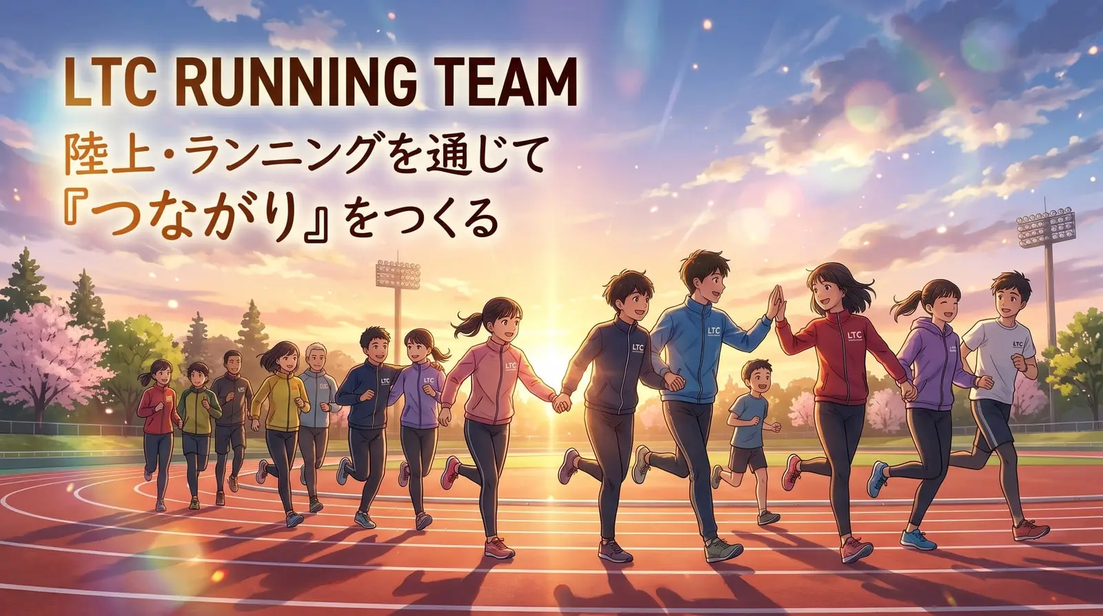 夕焼けのトラックで、手をつないだりハイタッチしたりしながら一緒に走る LTC のメンバーのイラスト。「LTC RUNNING TEAM 陸上・ランニングを通じて『つながり』をつくる」の文字入り